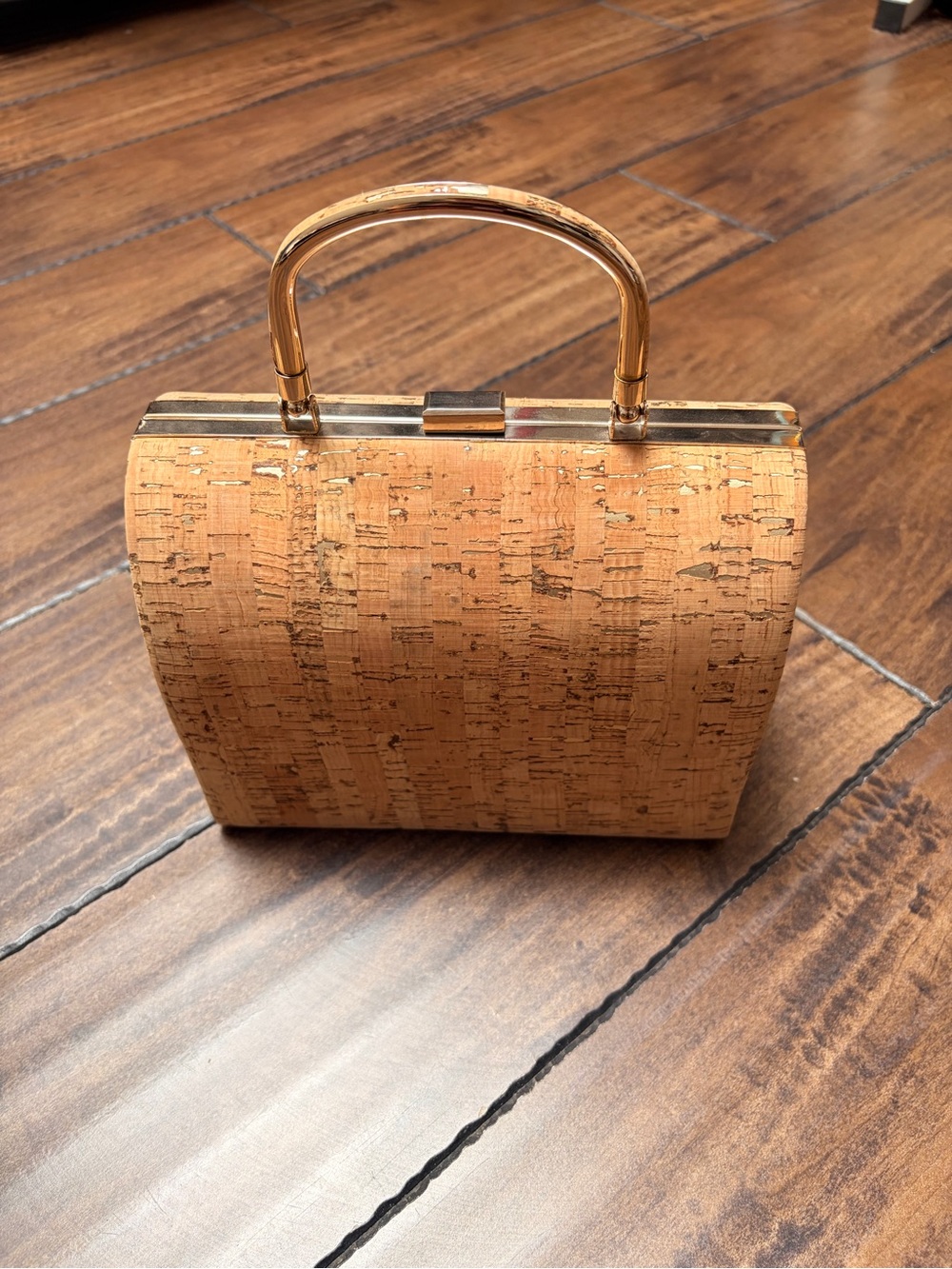 Gold-Accented Natural Cork Top-Handle Bag